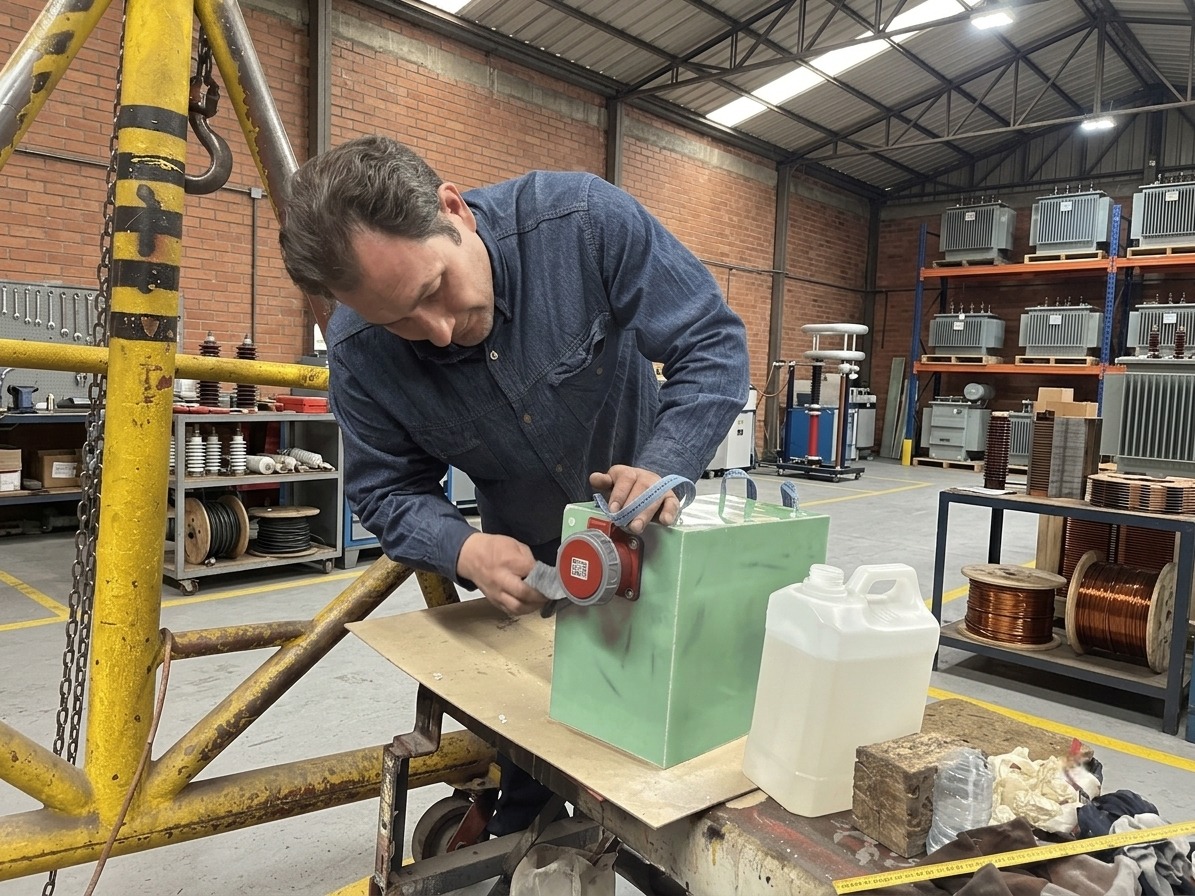 Técnico trabajando en transformador industrial